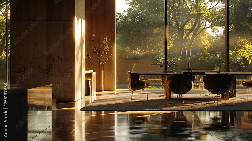 Poster a sleek craft house with a fa? section ade covered in alternating panels of glass and wood, creating