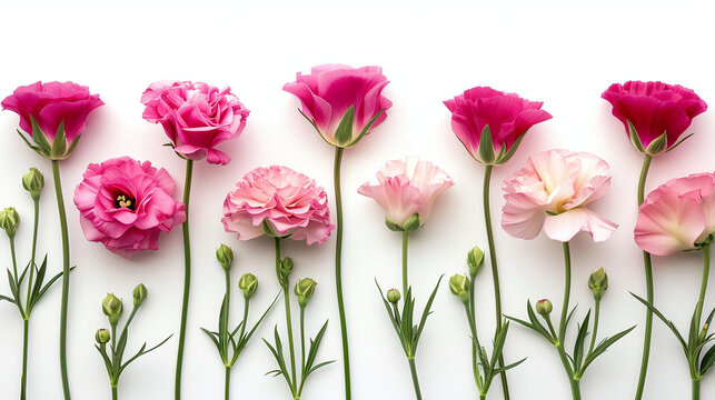 Beautiful eustoma flowers lying on white background. Banner with copy space for your idea, message, text or logo	
