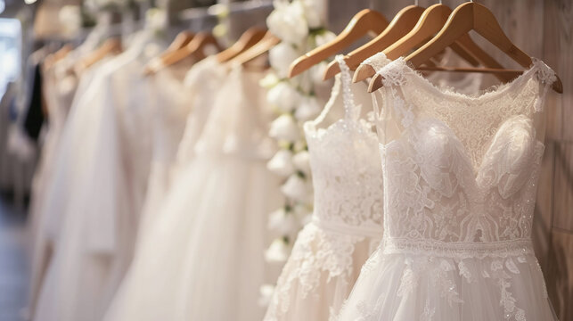 Bridal shop boutique salon concept. Closeup of beautiful elegant luxury bridal dresses on hangers. White wedding dresses hanging on hanger in bridal shop.