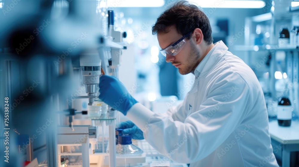 Poster an engineer is conducting experiments in a science lab, wearing a lab coat. aig41