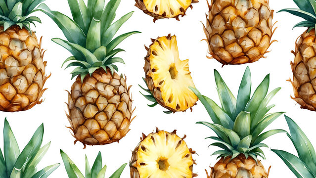 Tropical pineapple. Watercolor illustration. Exotic fruit  background