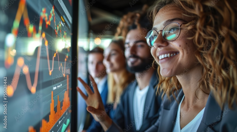 Poster group of business people smiling looking at charts that display an increase in social media engageme