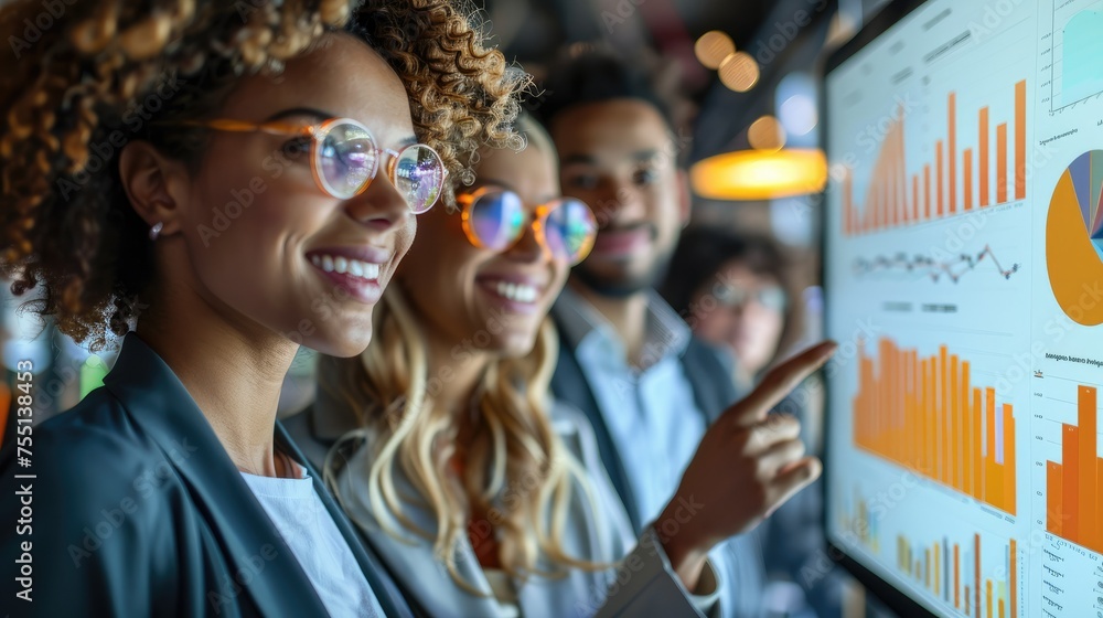 Poster group of business people smiling looking at charts that display an increase in social media engageme