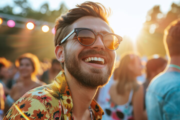 Handsome and smiling young man having fun at music festival	