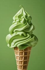 Close up of green ice cream cone on matching background