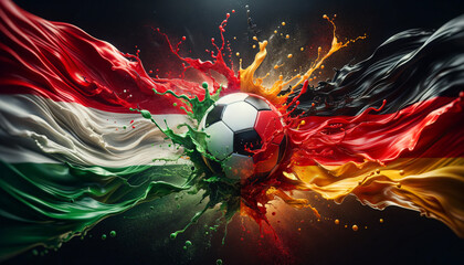 liquify country flags of Hungary and Germany splash towards each other, with a soccer ball in the middle, football EM 2024, Group phase matchday 2, Generative ai