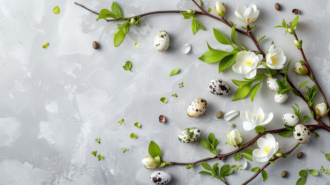 Easter composition with fluffy white flower branches, green leaves and Easter eggs on a light background. Empty space for congratulatory text or holiday message. Flat lay, copy space, mock up