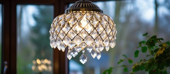 A retro-style crystal chandelier, adorned with diamond pendants, hangs elegantly from the ceiling...