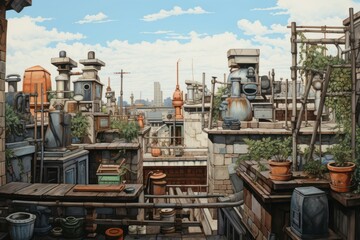 Towering Roofs city view. Aerial skyline. Generate Ai