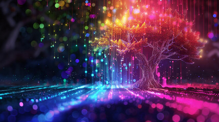 Sparkling Colorful Fluorescent Data Tree Bokeh Digital Art Concept