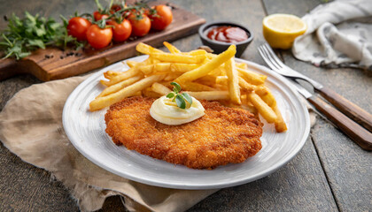 Breaded schnitzel with French fries, on plate