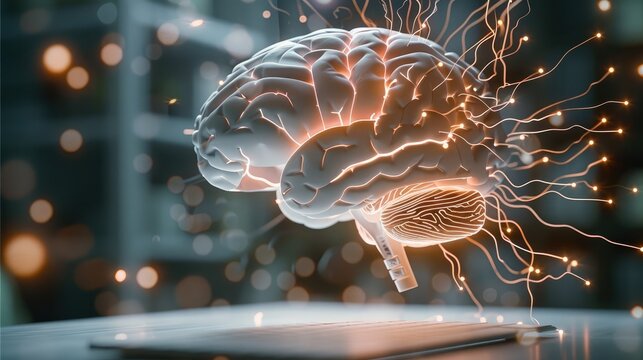 Focused brain model with memory-related symbols, neural pathways illuminated. Generative AI.