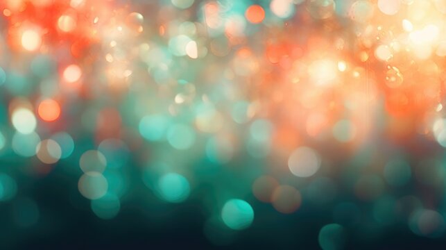 Shimmering silver bokeh on defocused teal green and coral abstract banner