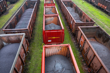 Iron ore as raw material for steel industry loaded in various types of railcars in forms of pellets...