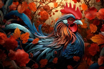 Fototapeta premium Nostalgic Rooster in autumn leaves. Rural fall landscape with farm cock. Generate ai