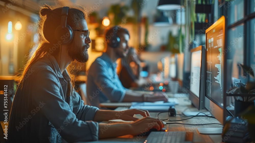 Aufkleber Team of software developers coding in an open-plan office, with dual monitor setups, showcasing focus and teamwork in a tech startup environment. Generative AI.