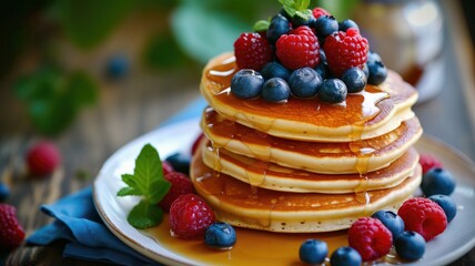 Pancakes creative decorated background with syrup, berry, fruit on plate. American breakfast pancakes stack on plate for kid menu, advert or package - obrazy, fototapety, plakaty