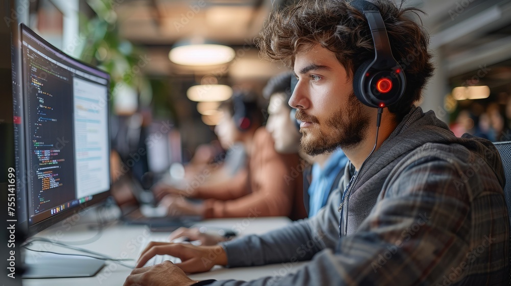 Aufkleber Team of software developers coding in an open-plan office, with dual monitor setups, showcasing focus and teamwork in a tech startup environment. Generative AI.