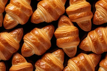 Fotobehang Croissant Fresh Baked background, layout, delicious. Ultra realistic croissant pattern, icon, detailed for cafe product, package, menu, advert © Happy Lab