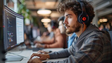 Team of software developers coding in an open-plan office, with dual monitor setups, showcasing focus and teamwork in a tech startup environment. Generative AI.