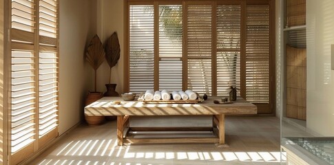 Spa room with wooden table and shutters