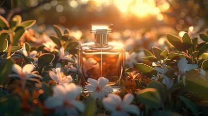 A bottle of perfume surrounded by Jasmine and saffron, bathed in the soft glow of sunlight. Generative AI. - obrazy, fototapety, plakaty