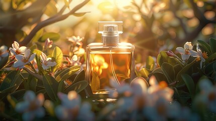 A bottle of perfume surrounded by Jasmine and saffron, bathed in the soft glow of sunlight....