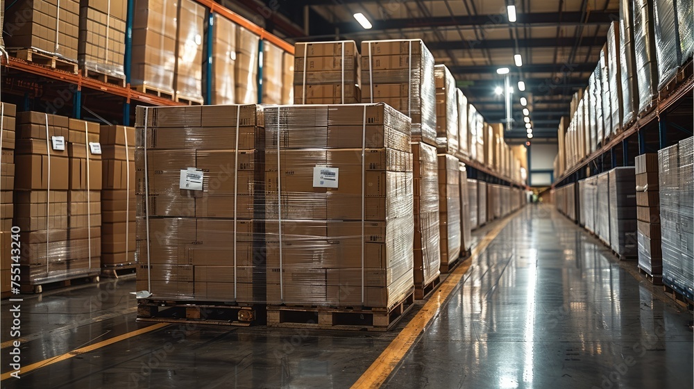 Poster the pallets of items are wrapped in plastic and loaded into a logistics warehouse. generative ai.