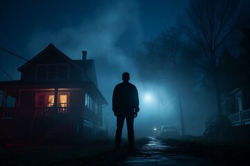 A man stands alone in front of a house, silhouetted against the eerie backdrop of a foggy night.