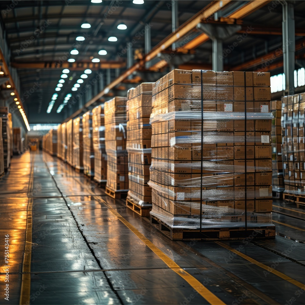 Aufkleber the pallets of items are wrapped in plastic and loaded into a logistics warehouse. generative ai.