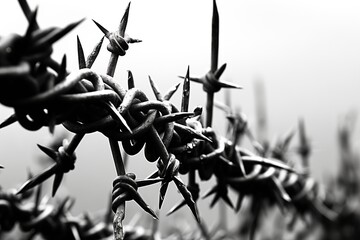 A black and white image showing a close-up of a barbed wire fence, with sharp spikes and twisted...