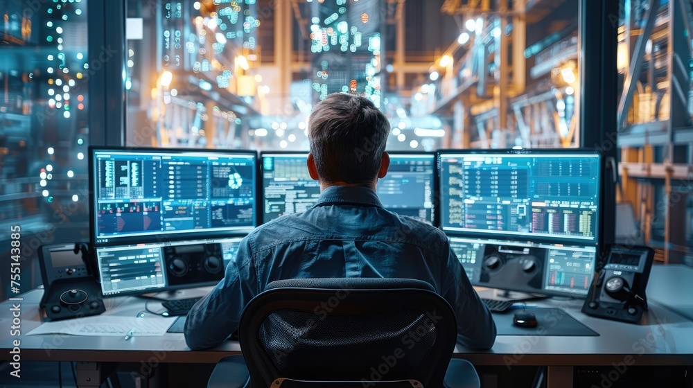 Aufkleber a man sits at a desk with three monitors, in the style of industrial angles, building engineering. g