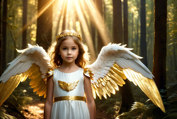 Portrait little girl in angel image with gold wings posing in mysterious forest, looking at camera. Cover girl in white dress young lady in woodland. Fairytale, fantasy concept. Copy ad text space