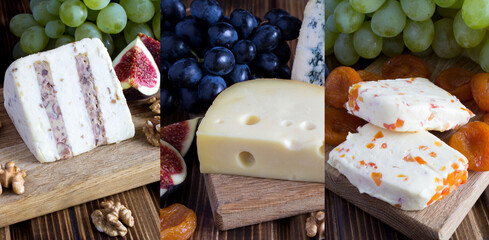 Collage of different cheese on the wooden cutting board. Close-up.