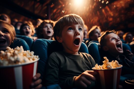 Several kids in a crowded movie theater sit, facing a large screen, engrossed in the film being shown.