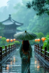 A young woman holding an umbrella walking on a wooden bridge in a Japanese arboretum amongst the mist and rain.