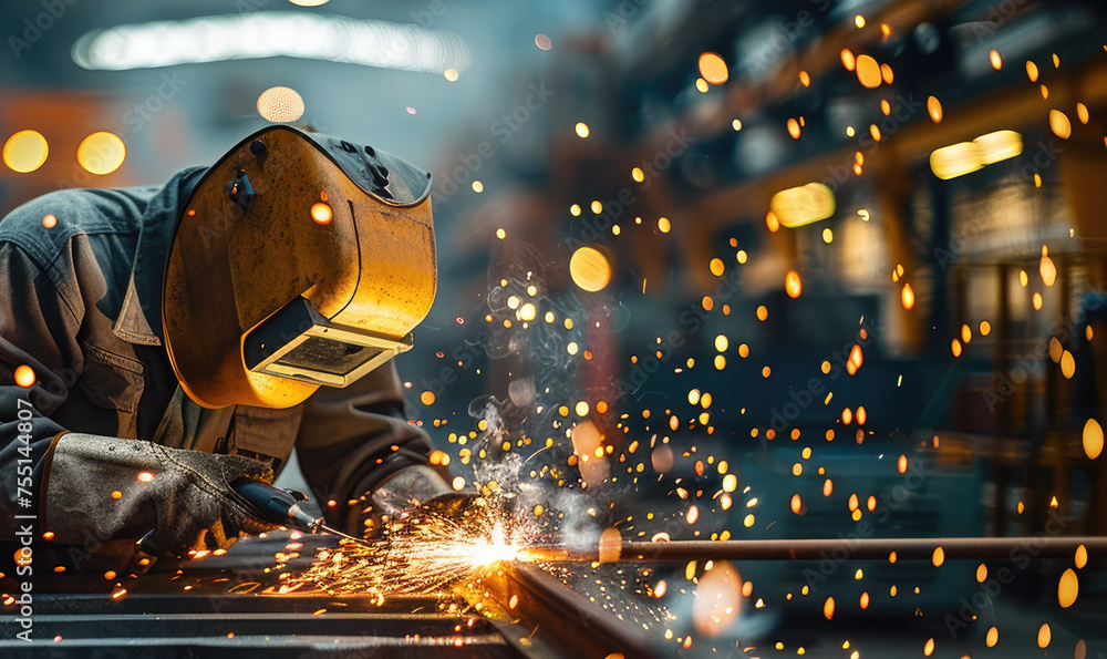 Poster one person welding metal with sparks coming from the machine at factory. generative ai.