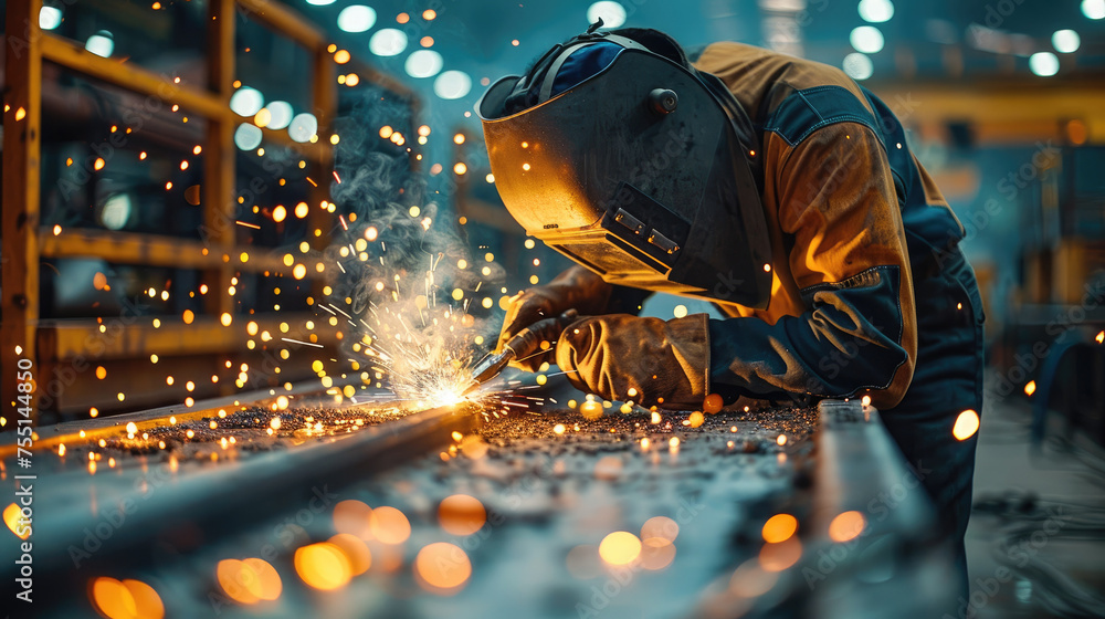 Poster one person welding metal with sparks coming from the machine at factory. generative ai.