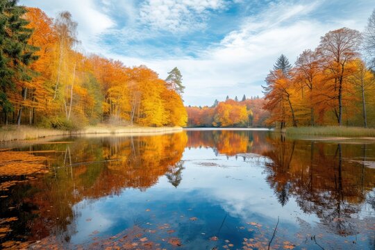 Crisp autumn colors reflected perfectly in the still waters of a serene lake, with a backdrop of a clear blue sky and fluffy clouds. Resplendent.