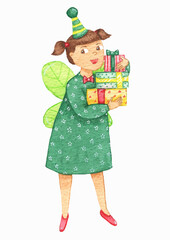 girl in green dress with gifts