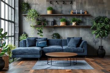 Modern living room interior with plants and a concrete background wall.