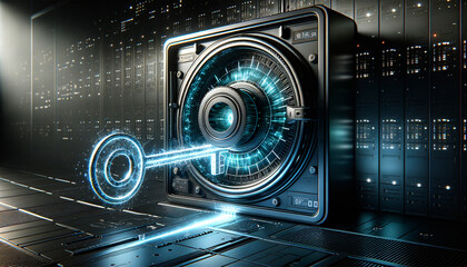 Futuristic cyber-lock breached by abstract key in dark, high-tech environment.