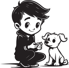 Playful Partnerships Boy Feeding Puppy Emblem Heartwarming Moments Cartoon Logo Design