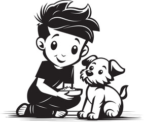 Playful Partners Cartoon Small Boy Symbol Loving Care Boy Feeding Puppy Emblematic Design