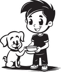 Little Helper Cartoon Iconic Emblem Furry Friends Forever Boy and Puppy Vector Symbol