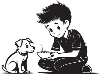 Heartwarming Scenes Small Boy Feeding Puppy Emblem Joyful Connections Cartoon Vector Graphic