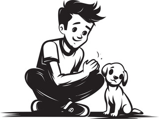 Joyful Connections Cartoon Vector Graphic Little Caretaker Boy and Puppy Logo