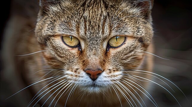 A cat stares intently and angrily at the camera. Detailed face of the animal. A piercing look of a pet. Illustration for cover, card, postcard, interior design, decor or print.