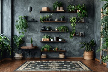 Modern living room interior with plants and a concrete background wall.