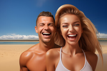 Fototapeta premium Happy young couple having fun on the beach. They are laughing and looking at the camera.